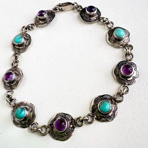 Vintage Sterling Silver Turquoise Amethyst Navajo Nakai Link Bracelet
